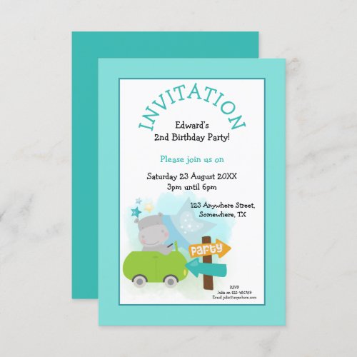 Cute Hippo Car Toddler Birthday Party Teal Invitation