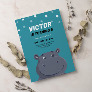 Cute Hippo Cartoon Animal Safari Kids Birthday Invitation