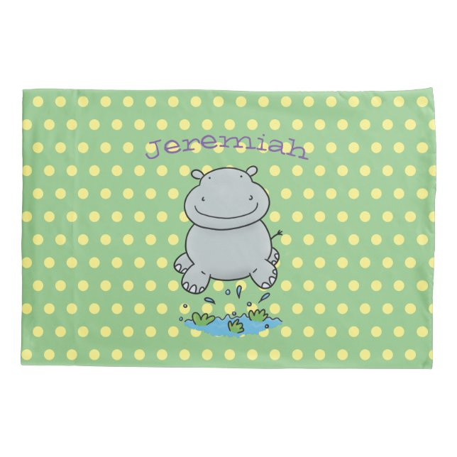 Cute hippo cartoon illustration on green pillow case (Back)