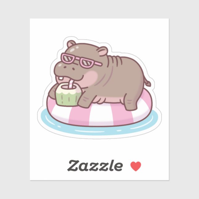 Cute Hippo Chilling On Pool Float Drinking Coconut Sticker (Sheet)