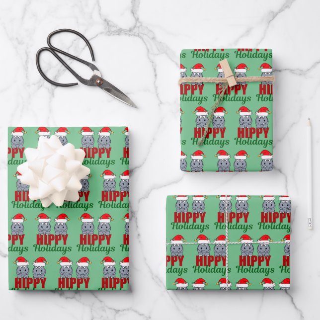 Cute Hippo Christmas Funny Hippy Holidays Green Wrapping Paper Sheets (Front)