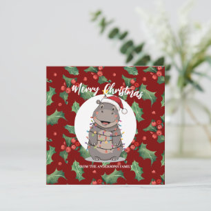 Cute Hippo christmas tree zoo animal Xmas Wealth f Holiday Card