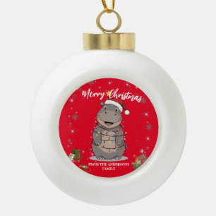 Cute Hippo Christmas tree zoo safari Xmas plaid pa Ceramic Ball Christmas Ornament