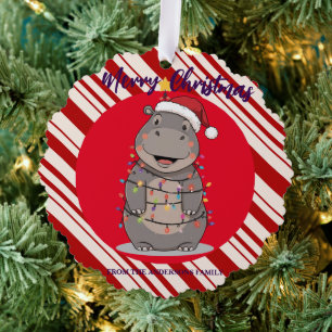 Cute Hippo Christmas tree zoo safari Xmas plaid pa Ornament Card