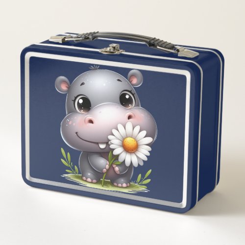 Cute Hippo Daisy Flower Metal Lunch Box