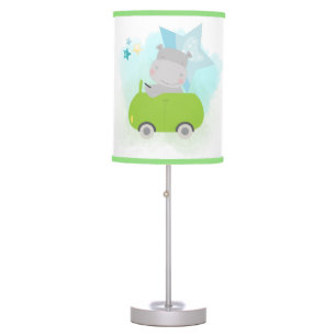Cute Hippo Driving Green Car Stars Nursery Table Lamp