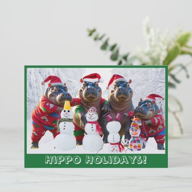 Cute Hippo Family in Pajamas Personalized Holiday Card (Standing Front)