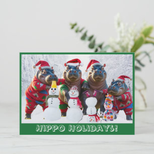Cute Hippo Family in Pajamas Personalized Holiday Card