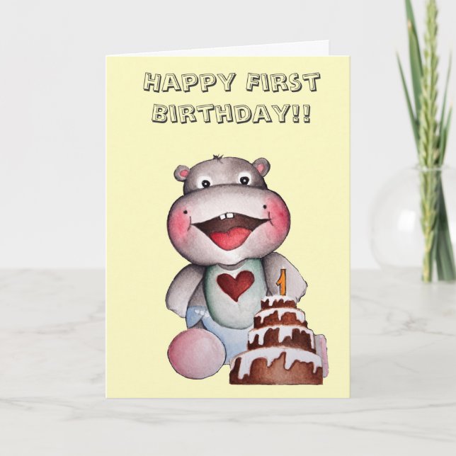 Cute Hippo First Birthday Card (Front)