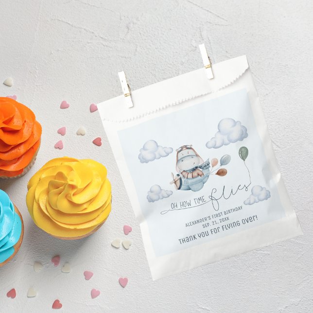 Cute Hippo Flies Airplane & Clouds, First Birthday Favor Bag (Creator Uploaded)