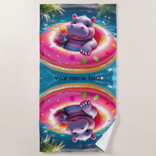 Cute Hippo Floating in Donut Pool Float, custom Beach Towel
