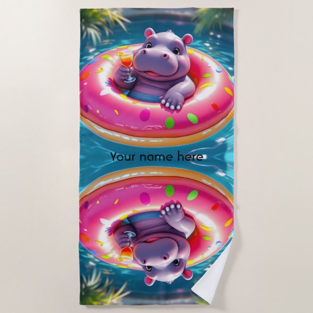 Cute Hippo Floating in Donut Pool Float, custom Beach Towel (Front)