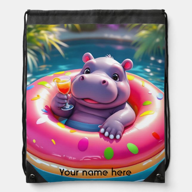 Cute Hippo Floating in Donut Pool Float, custom Drawstring Bag (Front)
