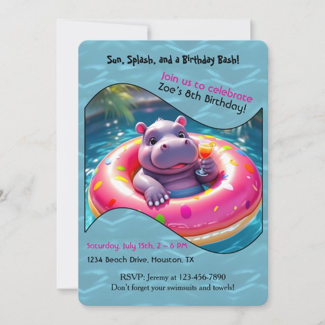 Cute Hippo Floating in Donut Pool Float, custom Invitation (Front)