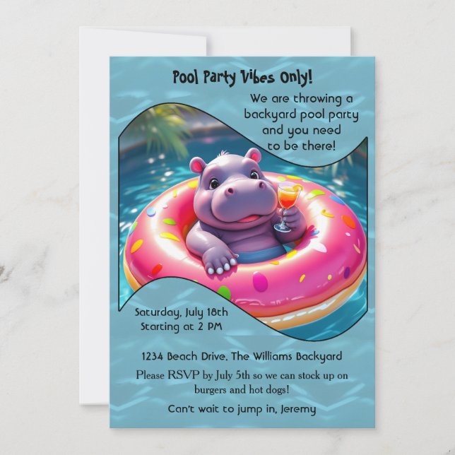 Cute Hippo Floating in Donut Pool Float, custom Invitation (Front)