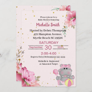 Cute Hippo Floral Baby Shower Invitations