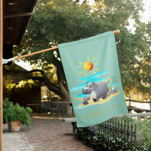 Cute Hippo Fun in the Sun Beach Day House Flag