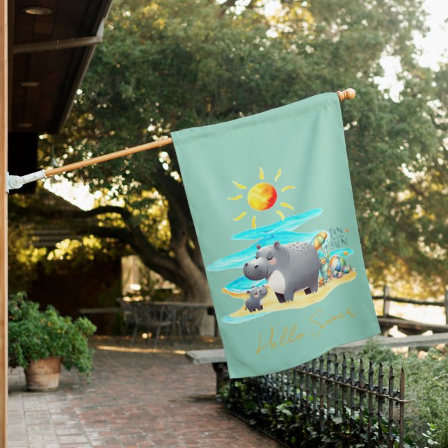 Cute Hippo Fun in the Sun Beach Day House Flag (In SItu)