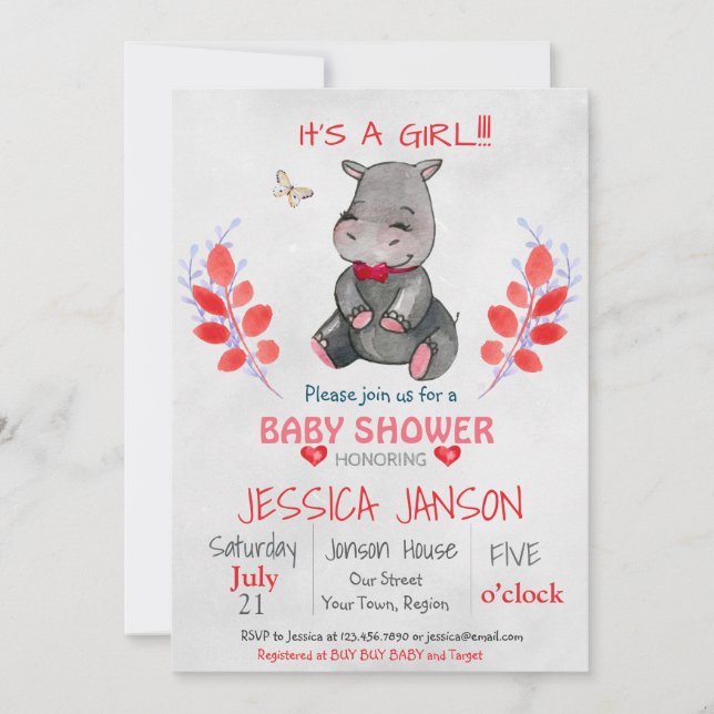 CUTE HIPPO GIRL BABY SHOWER INVITATION (Front)