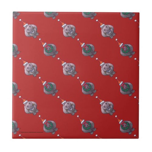 Cute Hippo Heads and Tails Pattern on Red Ceramic Tile