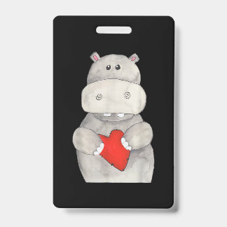 Cute Hippo Hippopotamus Holding Heart | Love Hippo Badge