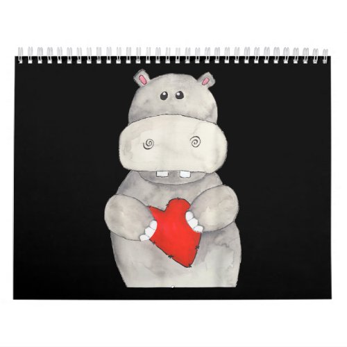 Cute Hippo Hippopotamus Holding Heart  Love Hippo Calendar