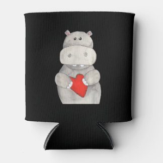 Cute Hippo Hippopotamus Holding Heart | Love Hippo Can Cooler