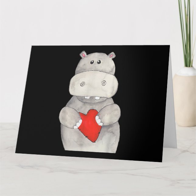 Cute Hippo Hippopotamus Holding Heart | Love Hippo Card (Front)