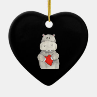 Cute Hippo Hippopotamus Holding Heart | Love Hippo Ceramic Ornament