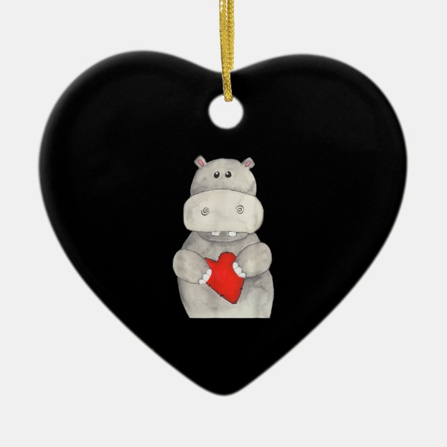 Cute Hippo Hippopotamus Holding Heart | Love Hippo Ceramic Ornament (Front)