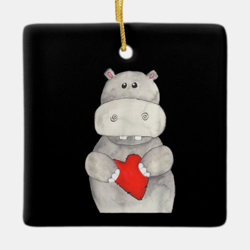 Cute Hippo Hippopotamus Holding Heart  Love Hippo Ceramic Ornament