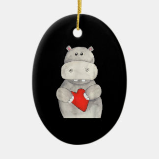 Cute Hippo Hippopotamus Holding Heart | Love Hippo Ceramic Ornament