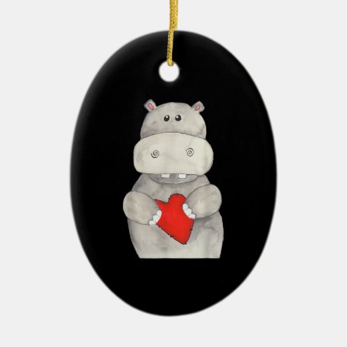 Cute Hippo Hippopotamus Holding Heart  Love Hippo Ceramic Ornament