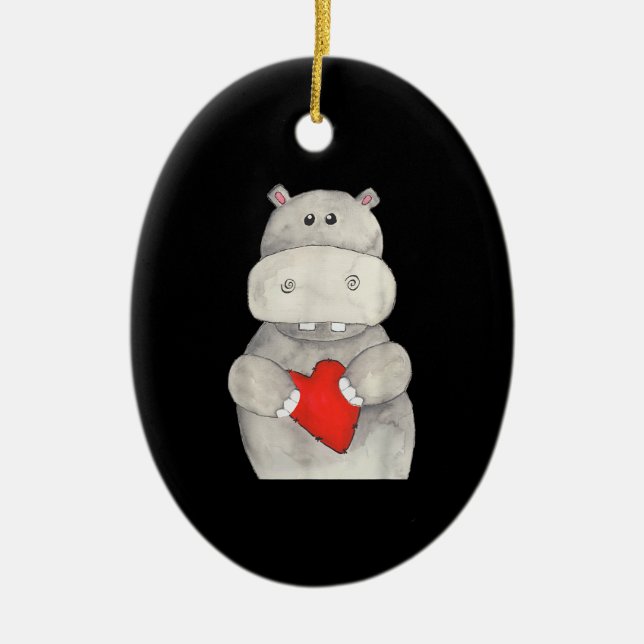 Cute Hippo Hippopotamus Holding Heart | Love Hippo Ceramic Ornament (Front)
