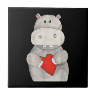 Cute Hippo Hippopotamus Holding Heart | Love Hippo Ceramic Tile