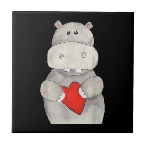 Cute Hippo Hippopotamus Holding Heart  Love Hippo Ceramic Tile