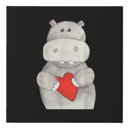 Cute Hippo Hippopotamus Holding Heart  Love Hippo Faux Canvas Print