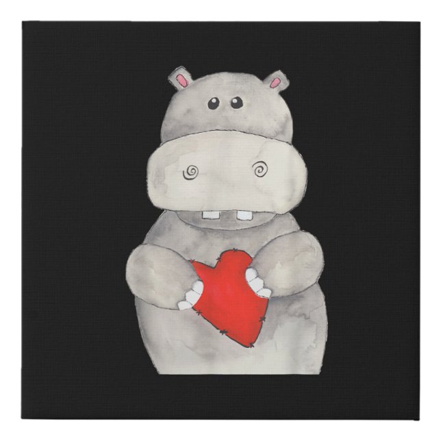 Cute Hippo Hippopotamus Holding Heart | Love Hippo Faux Canvas Print (Front)