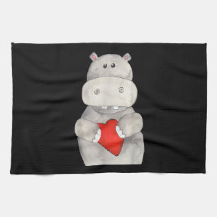 Cute Hippo Hippopotamus Holding Heart   Love Hippo Kitchen Towel