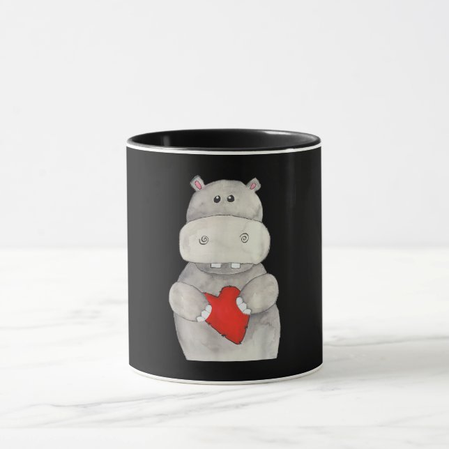 Cute Hippo Hippopotamus Holding Heart | Love Hippo Mug (Center)