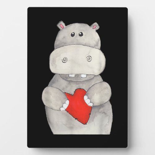 Cute Hippo Hippopotamus Holding Heart  Love Hippo Plaque