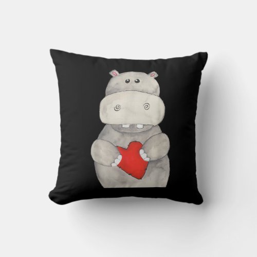 Cute Hippo Hippopotamus Holding Heart  Love Hippo Throw Pillow