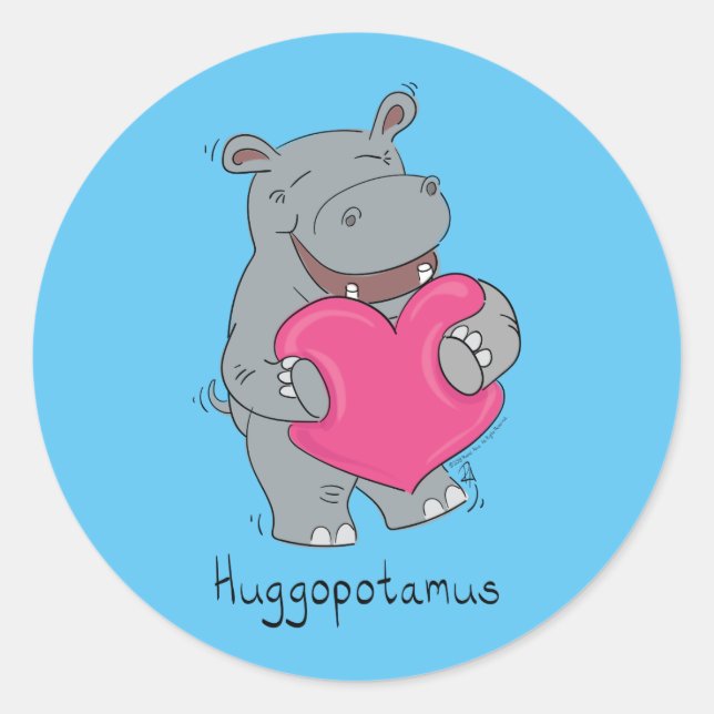 Cute Hippo Hugs Cute Animal Cartoon Classic Round Sticker (Front)