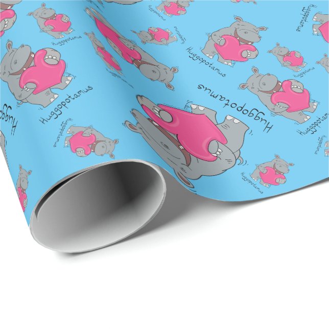 Cute Hippo Hugs Cute Animal Cartoon Wrapping Paper (Roll Corner)