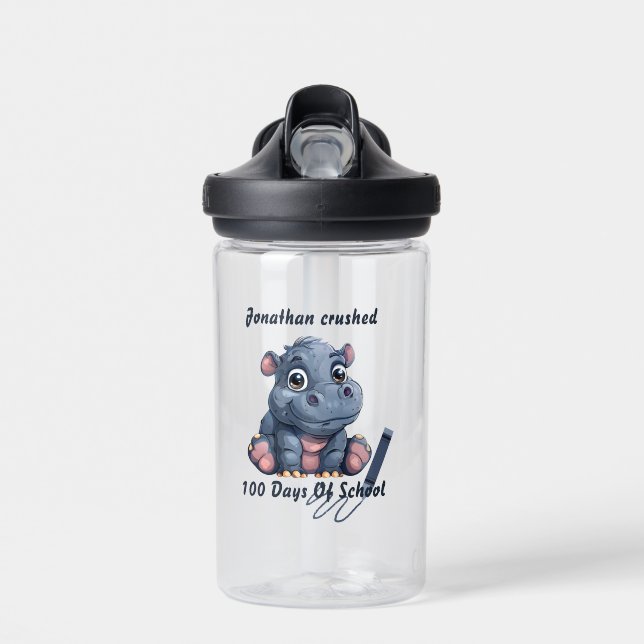 Cute Hippo I Crushed 100 Days of School  Water Bottle (Front)