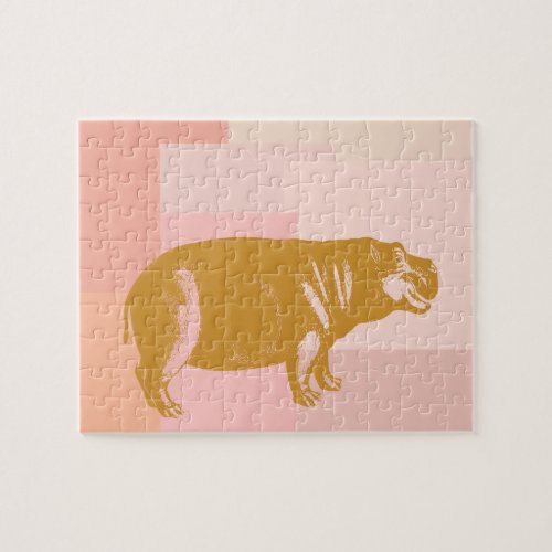 Cute Hippo Illustration in Pink and Gold Jigsaw Puzzle