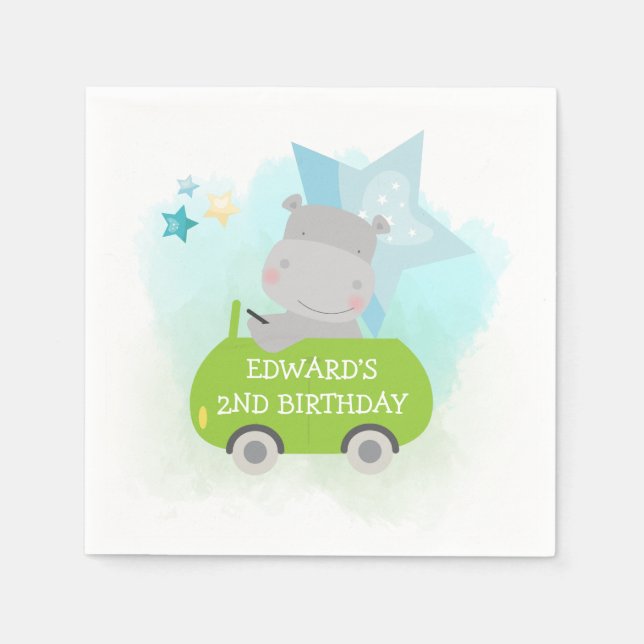 Cute Hippo in Green Car Toddler Birthday Party Napkins (Front)