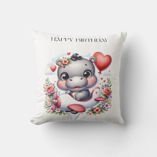 Cute Hippo in Heart Plane Throw Pillow (Front)