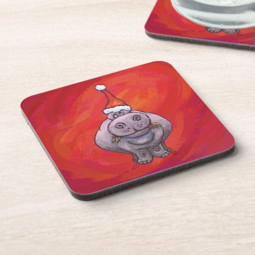 Cute Hippo in Santa Hat on Red Beverage Coaster