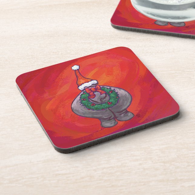 Cute Hippo in Santa Hat on Red Beverage Coaster (Left Side)